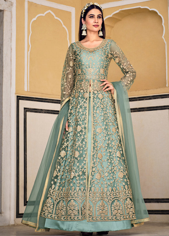 3 Pc Pista Green Semi Stitched Net Suit Set - Indian Silk House Agencies