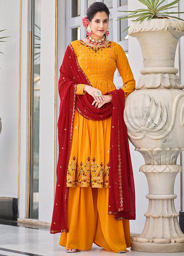 3 Pc Mustard Readymade Georgette Suit Set - Indian Silk House Agencies