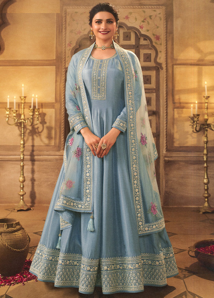 3 Pc Sky Blue Semi Stitched Georgette Suit Set - Indian Silk House Agencies