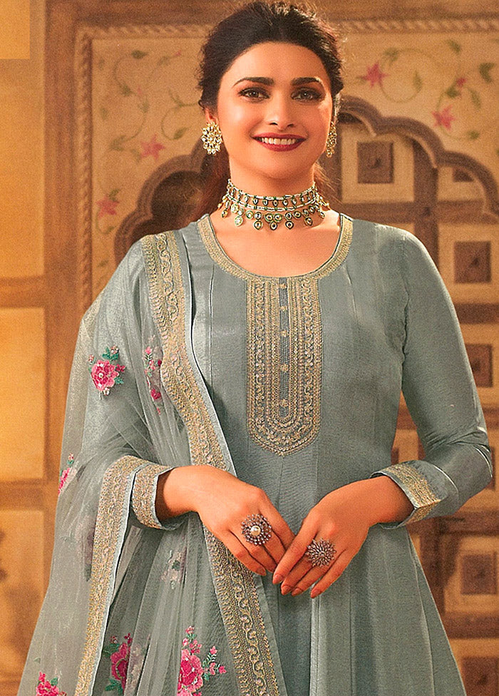 3 Pc Grey Semi Stitched Silk Suit Set - Indian Silk House Agencies