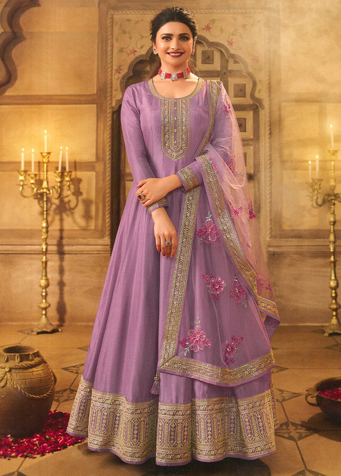 3 Pc Violet Semi Stitched Silk Suit Set - Indian Silk House Agencies