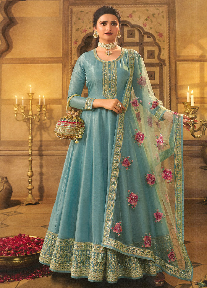 3 Pc Mint Green Semi Stitched Silk Suit Set - Indian Silk House Agencies