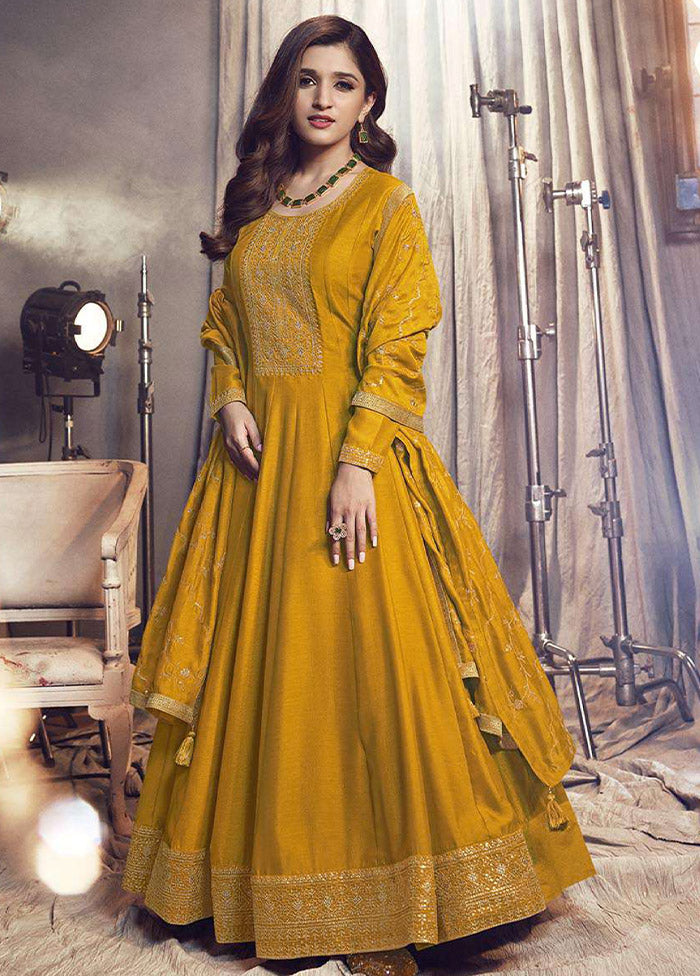 3 Pc Yellow Semi Stitched Silk Suit Set - Indian Silk House Agencies