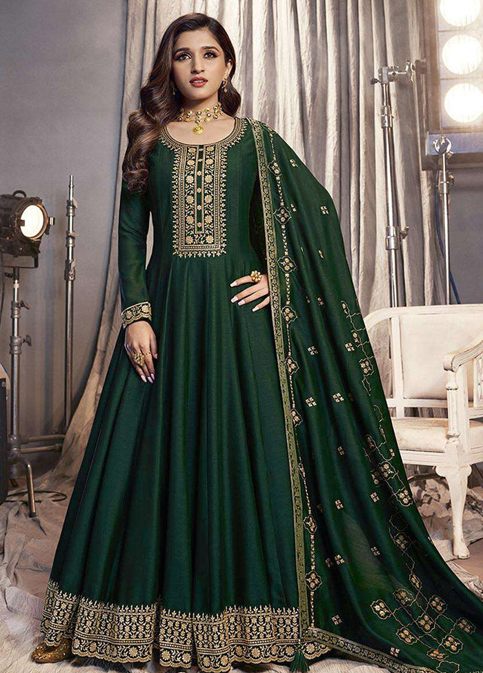 3 Pc Green Semi Stitched Silk Suit Set - Indian Silk House Agencies