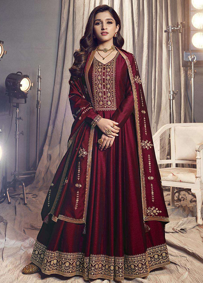 3 Pc Maroon Semi Stitched Silk Suit Set - Indian Silk House Agencies