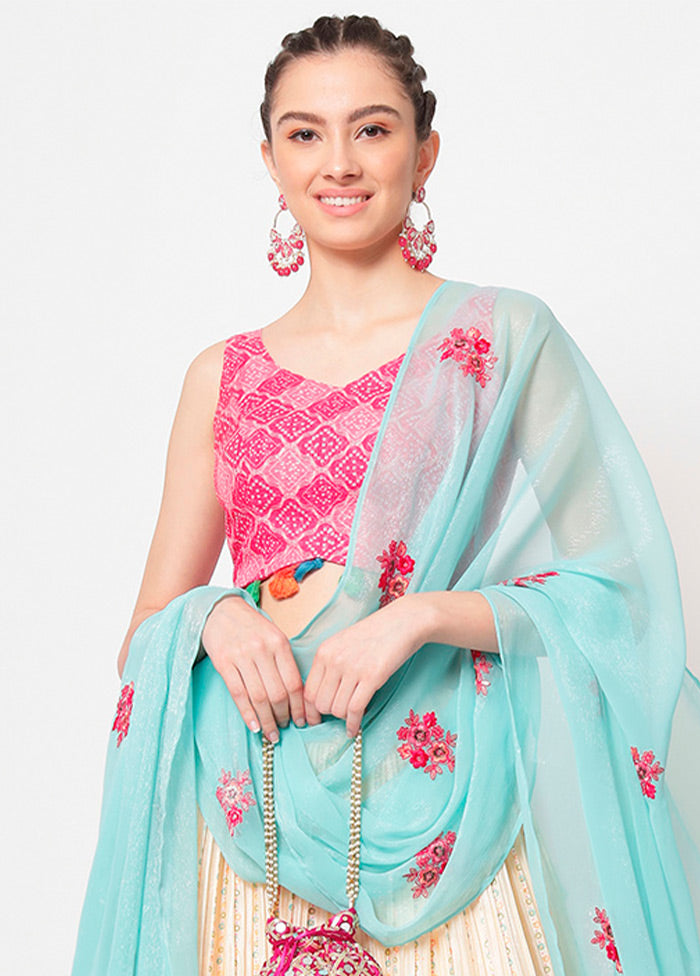 3 Pc Beige Silk Semi Stitched Lehenga Set - Indian Silk House Agencies