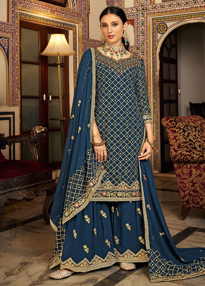 3 Pc Teal Blue Semi Stitched Silk Suit Set - Indian Silk House Agencies
