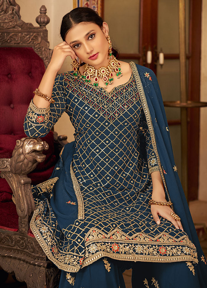 3 Pc Teal Blue Semi Stitched Silk Suit Set - Indian Silk House Agencies