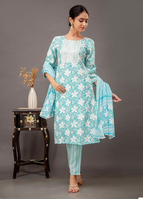 3 Pc Sea Green Readymade Cotton Suit Set - Indian Silk House Agencies