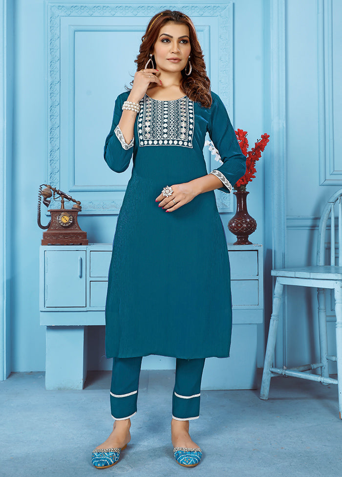 Pc Blue Readymade Cotton Kurti Set
