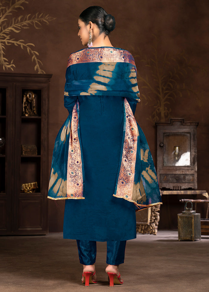 3 Pc Blue Semi Stitched Silk Suit Set