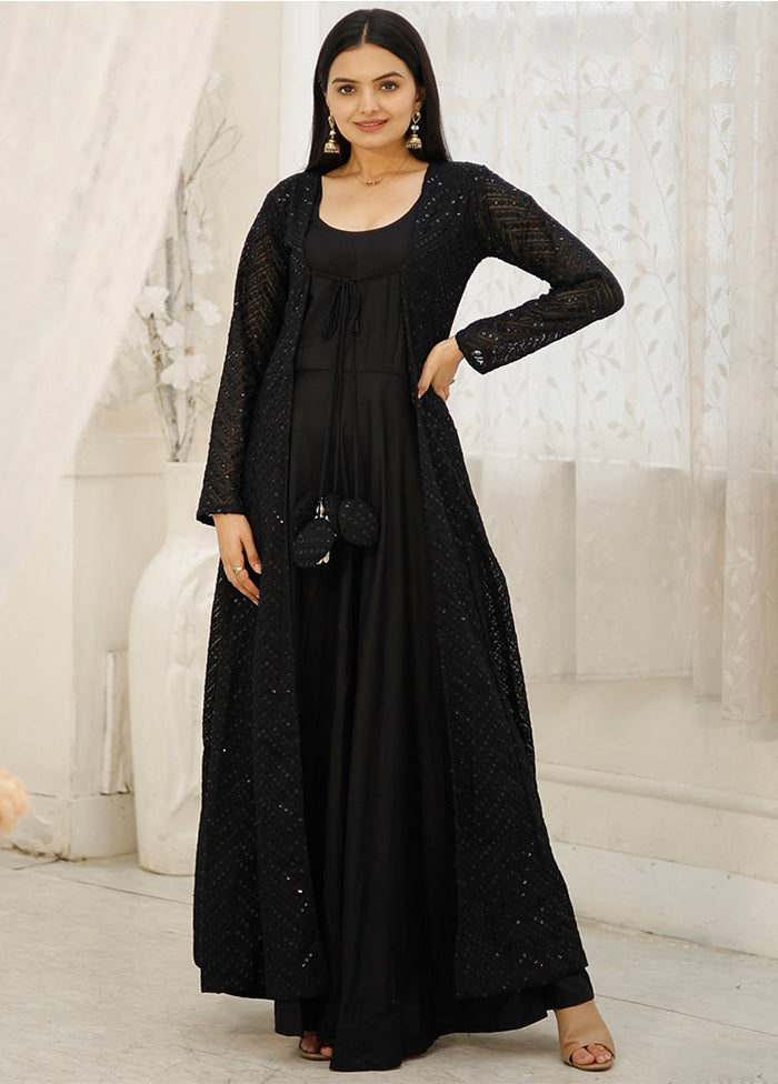 Black Readymade Rayon Gown With Shrug