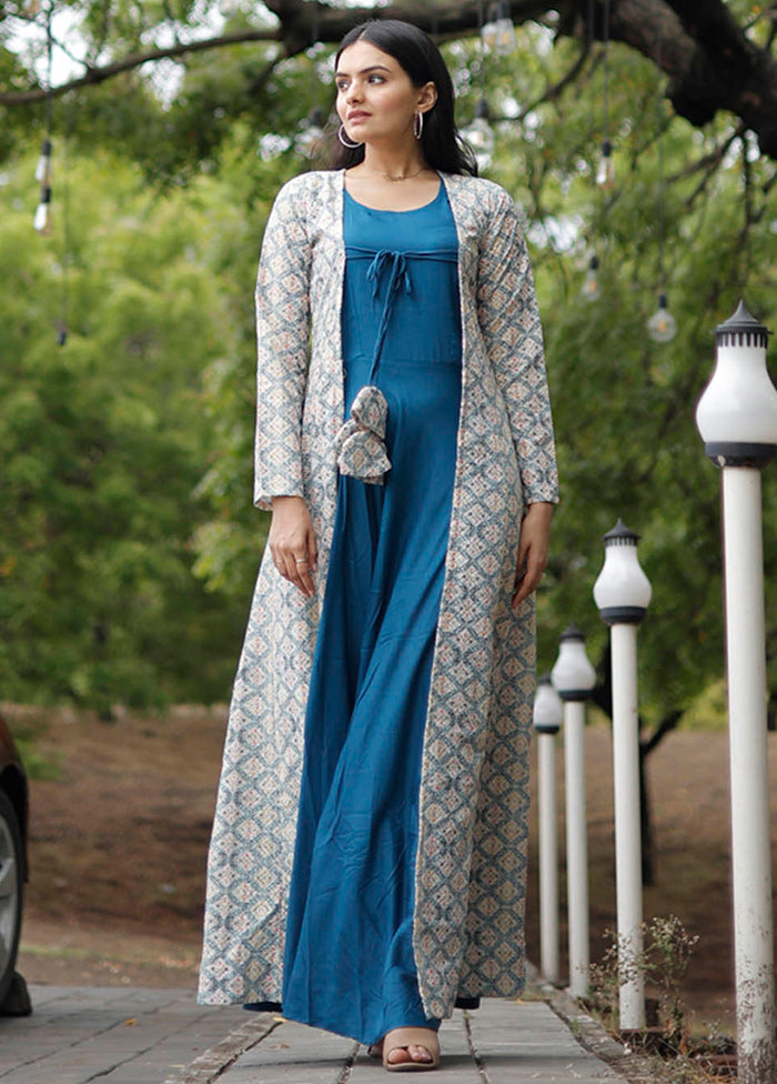 Blue Readymade Rayon Gown With Shrug