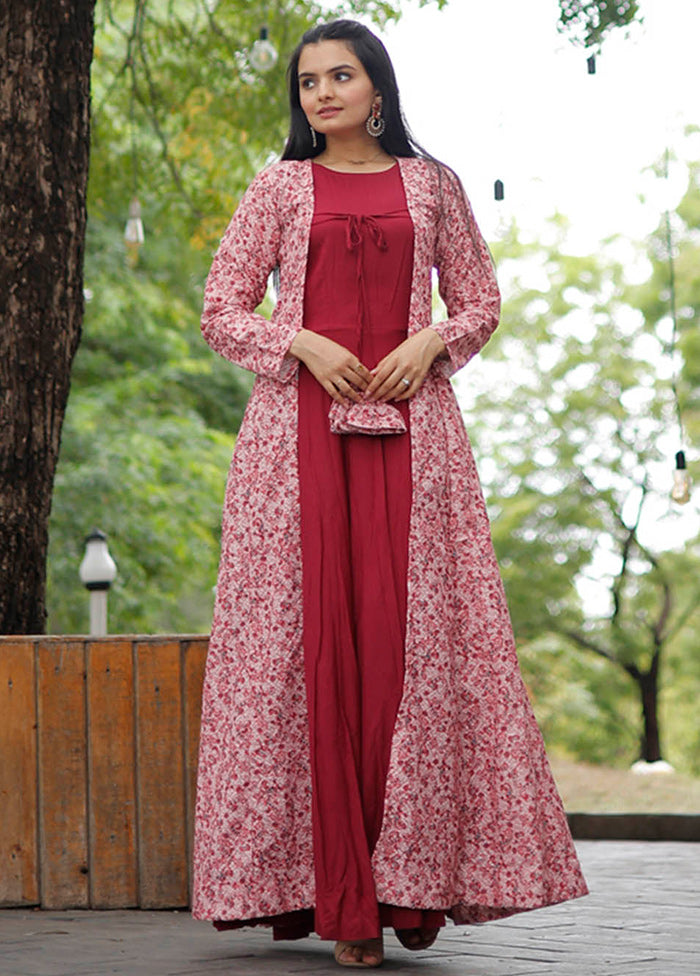 Maroon Readymade Rayon Gown With Shrug - Main Image