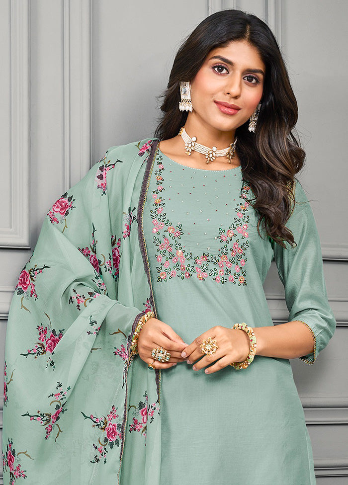 3 Pc Olive Green Readymade Silk Suit Set