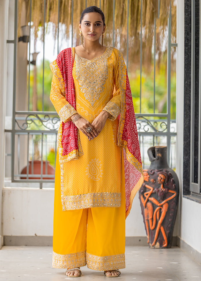Pc Yellow Semi Stitched Silk Dupatta Suit Set
