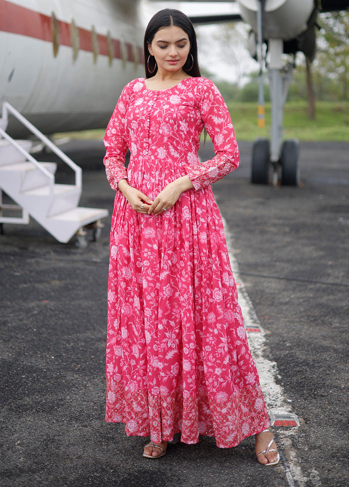 Pink Floral Shrugs Pink Georgette Solid Maxi Dress With Shrug Pink