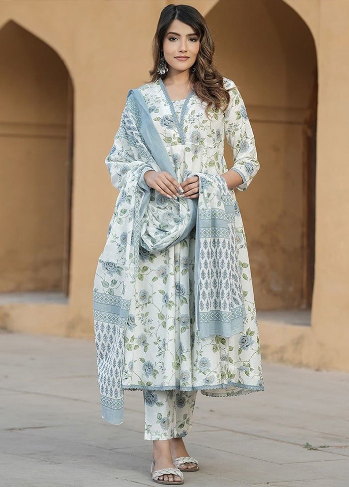 Pc White Readymade Cotton Dupatta Suit Set