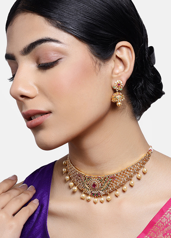 Gold Plated CZ Bridal Choker Necklace Set - Indian Silk House Agencies