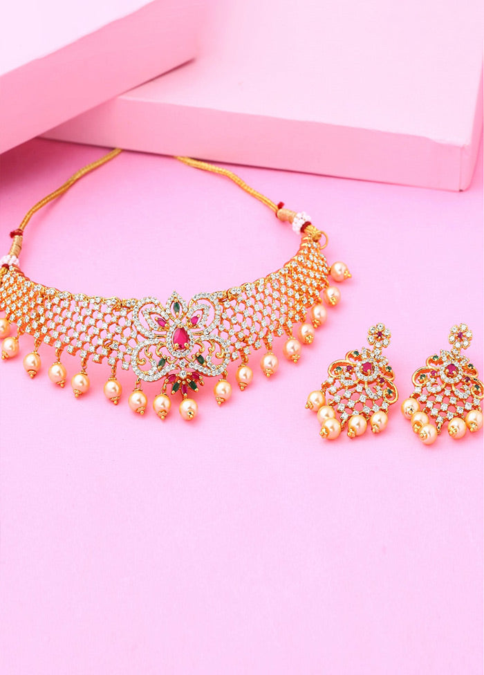 Gold Plated CZ Elegant Bridal Choker Necklace Set - Indian Silk House Agencies