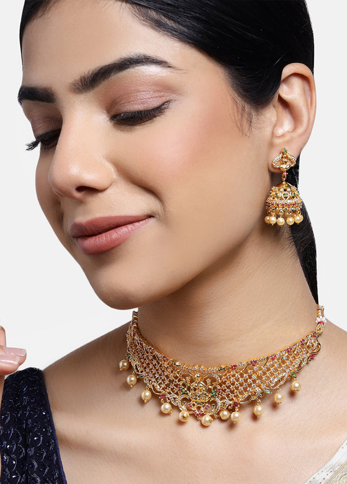 Gold Plated CZ Divine Laxmi Ji Designer Bridal Necklace Set - Indian Silk House Agencies