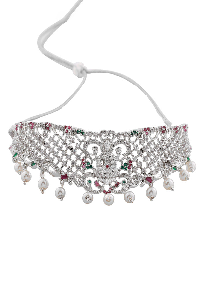 Rhodium Plated CZ Divine Laxmi Ji Designer Bridal Necklace Set - Indian Silk House Agencies