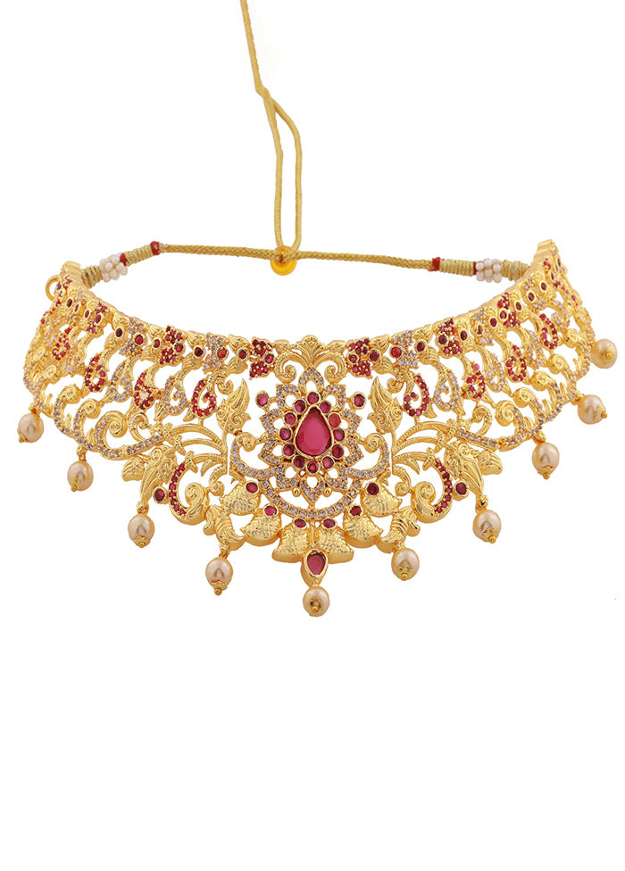 Gold Plated CZ Magnificent Bridal Choker Necklace Set - Indian Silk House Agencies