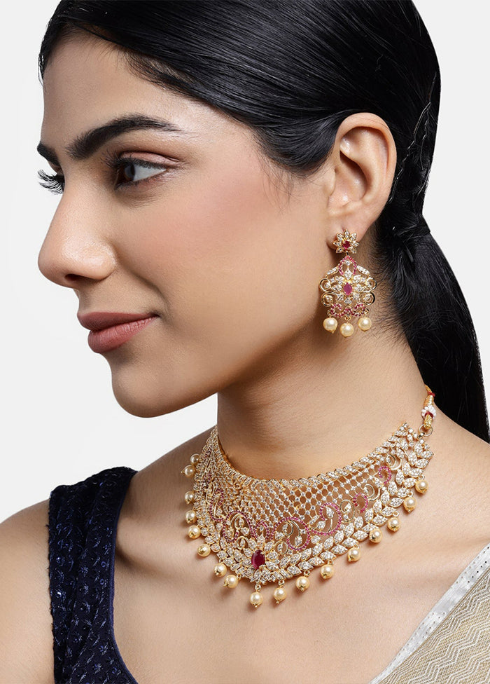 Gold Plated CZ Bridal Choker Necklace Set - Indian Silk House Agencies