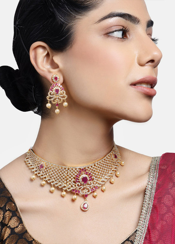 Gold Plated CZ Fascinating Bridal Choker Necklace Set - Indian Silk House Agencies