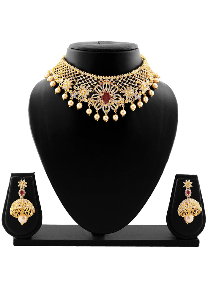 Gold Plated CZ Floral Design Bridal Choker Necklace Set - Indian Silk House Agencies