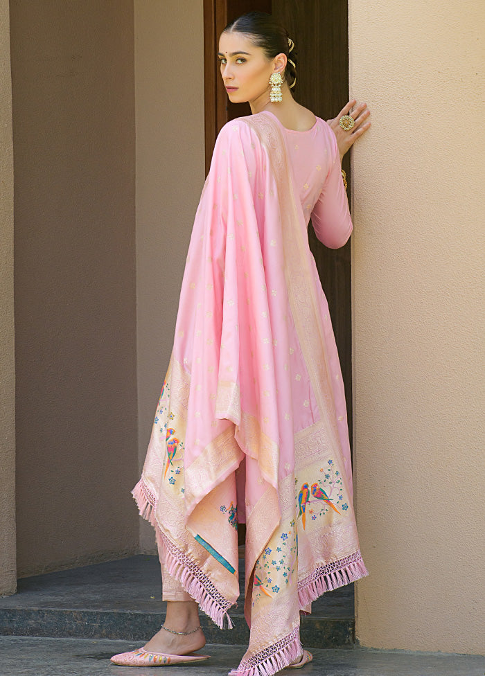 3 Pc Baby Pink Unstitched Silk Suit Set - Indian Silk House Agencies