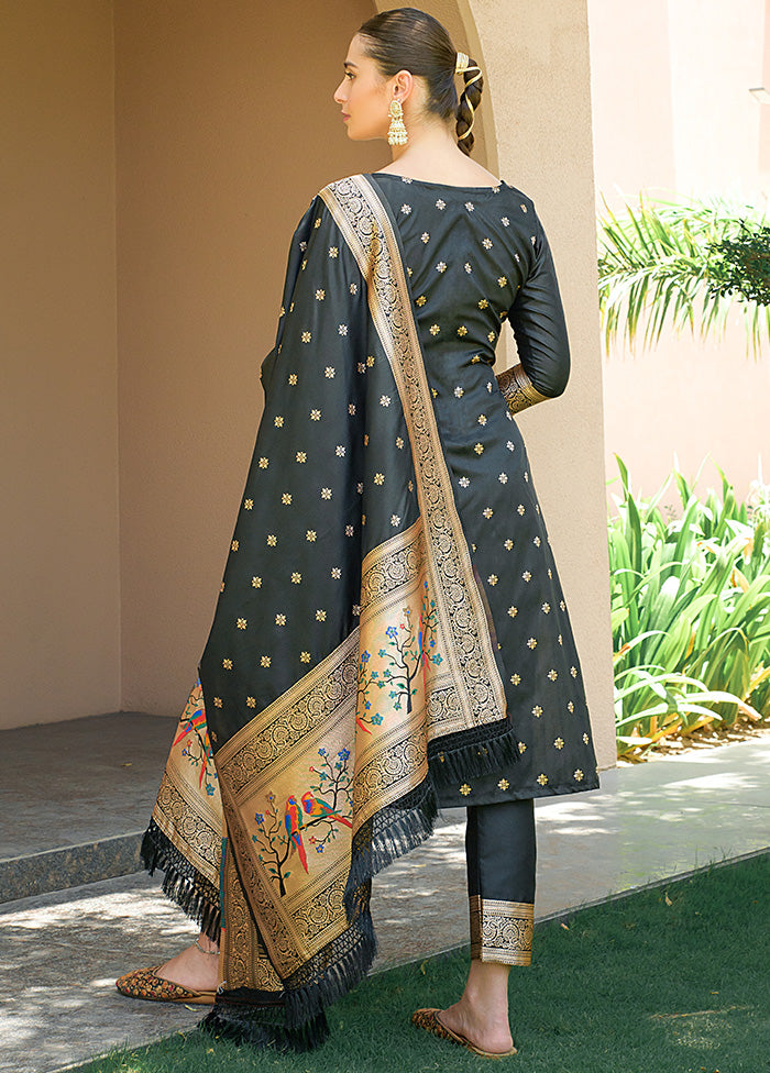3 Pc Black Unstitched Silk Suit Set - Indian Silk House Agencies