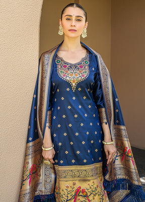 3 Pc Navy Blue Unstitched Silk Suit Set - Indian Silk House Agencies