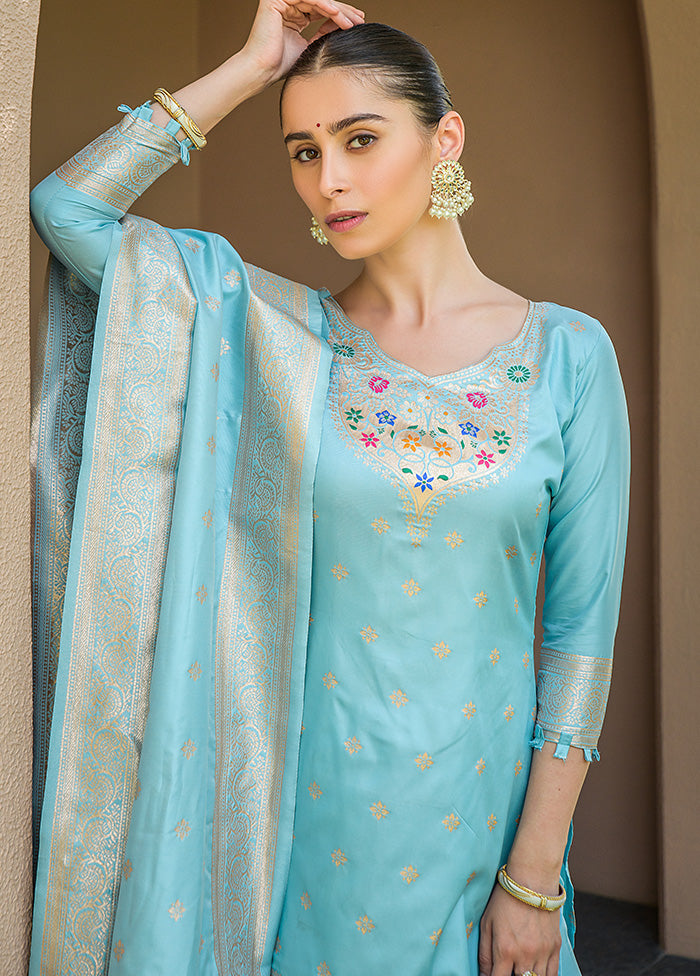 3 Pc Sky Blue Unstitched Silk Suit Set - Indian Silk House Agencies