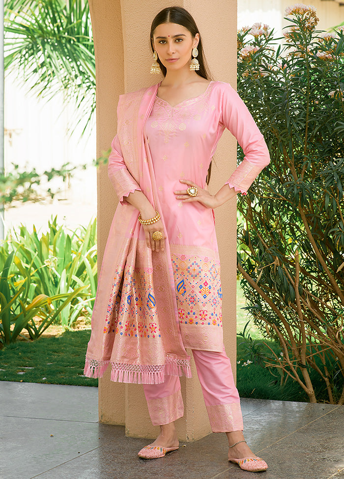 3 Pc Baby Pink Unstitched Silk Suit Set - Indian Silk House Agencies