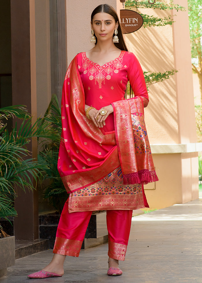 3 Pc Orange Unstitched Silk Suit Set - Indian Silk House Agencies