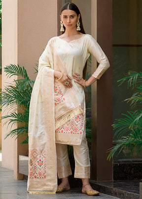 3 Pc Off White Unstitched Silk Suit Set - Indian Silk House Agencies