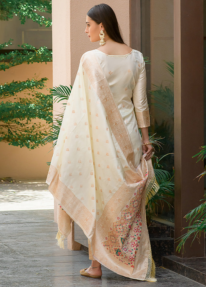 3 Pc Off White Unstitched Silk Suit Set - Indian Silk House Agencies