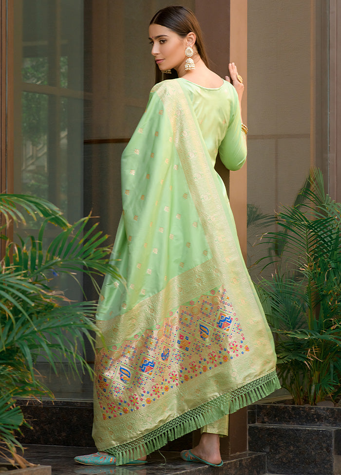 3 Pc Pista Green Unstitched Silk Suit Set - Indian Silk House Agencies