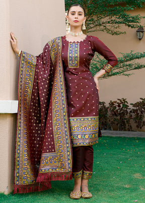 3 Pc Brown Unstitched Silk Suit Set - Indian Silk House Agencies