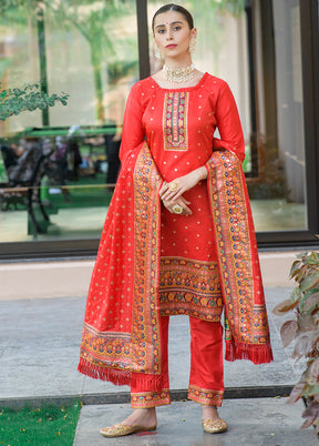 3 Pc Red Unstitched Silk Suit Set - Indian Silk House Agencies