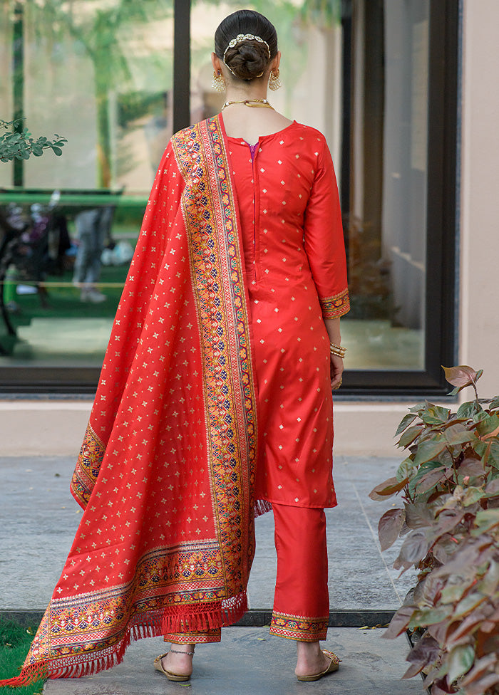 3 Pc Red Unstitched Silk Suit Set - Indian Silk House Agencies