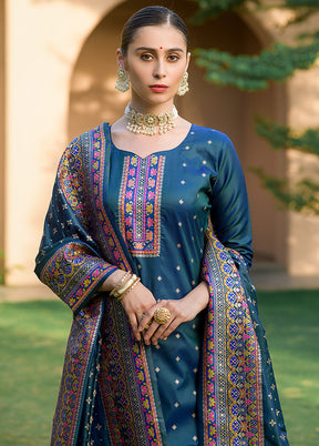 3 Pc Teal Unstitched Silk Suit Set - Indian Silk House Agencies