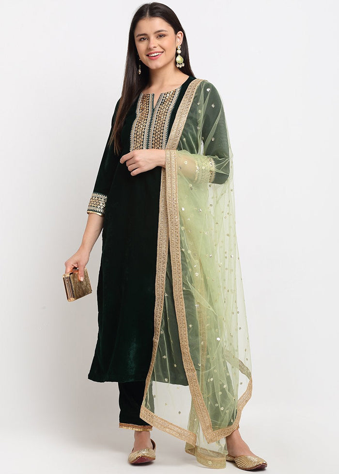 Green 3 Pc Velvet Suit Set With Dupatta VDANO001280769 - Indian Silk House Agencies