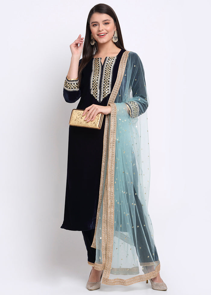 Blue 3 Pc Velvet Suit Set With Dupatta VDANO001280754 - Indian Silk House Agencies