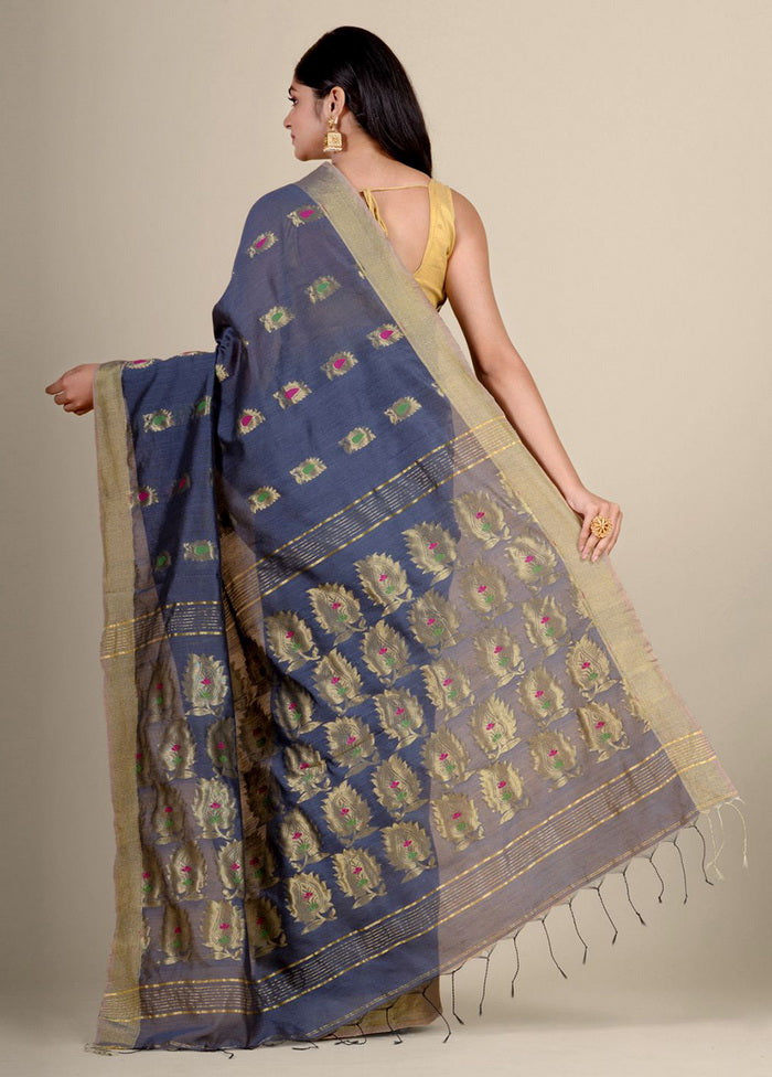 Greyish Blue Blended Cotton Handwoven Saree - Indian Silk House Agencies
