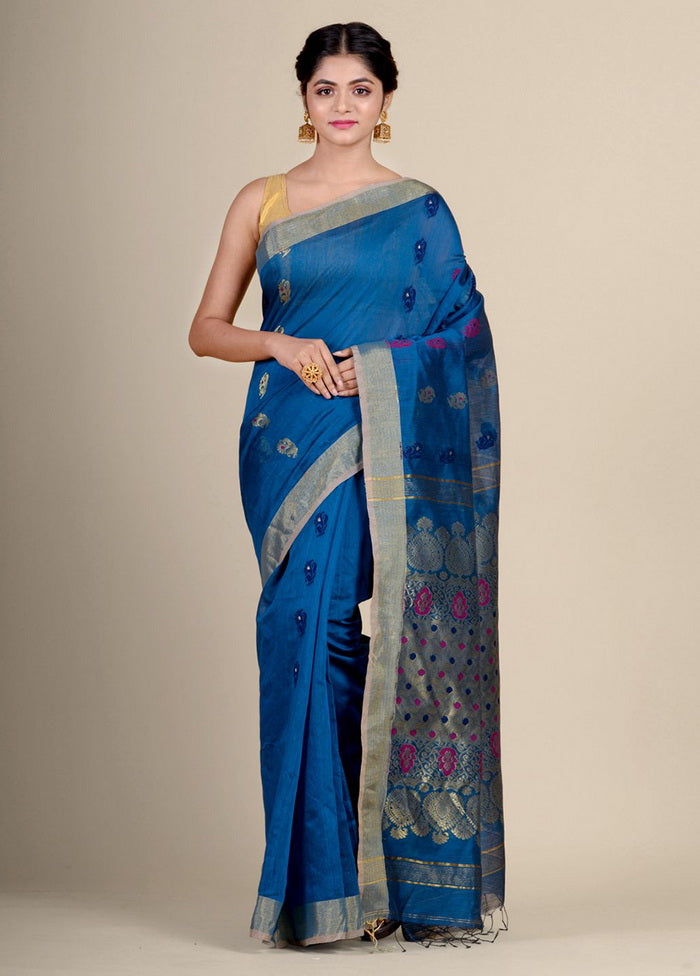 Blue Blended Cotton Handwoven Saree - Indian Silk House Agencies