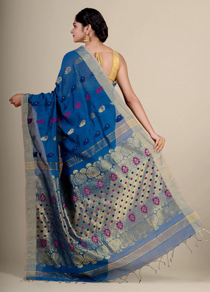 Blue Blended Cotton Handwoven Saree - Indian Silk House Agencies