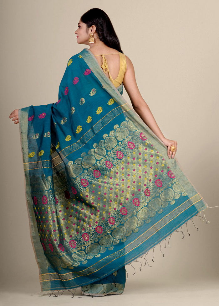 Teal Blue Blended Cotton Handwoven Saree - Indian Silk House Agencies