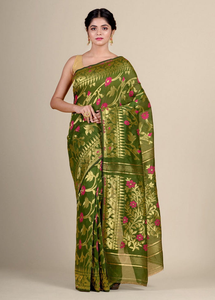 Green Silk Cotton Handwoven Jamdani Saree Without Blouse Piece - Indian Silk House Agencies